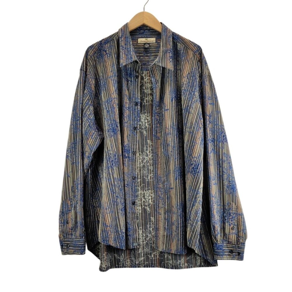 Vtg Tommy Bahama Mens Button Shirt XXL Blue/Brown Striped Floral Silk Cotton Ble